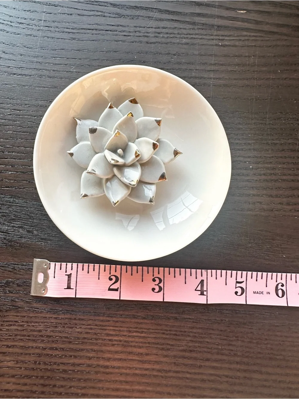 White Ceramic Lotus Trinket Bowl Gold Trim Jewelry Ring Catchall Dish